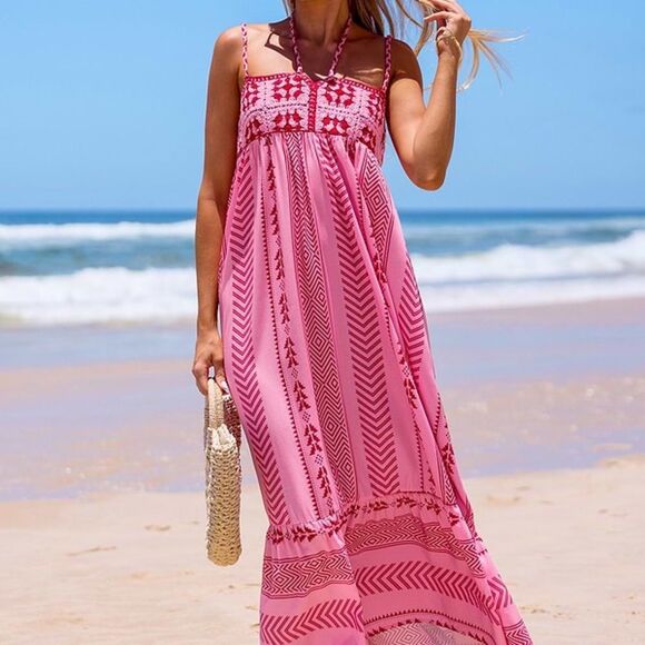 Bohemian Pink and Red Printed Maxi Dress - Picture 1 of 15